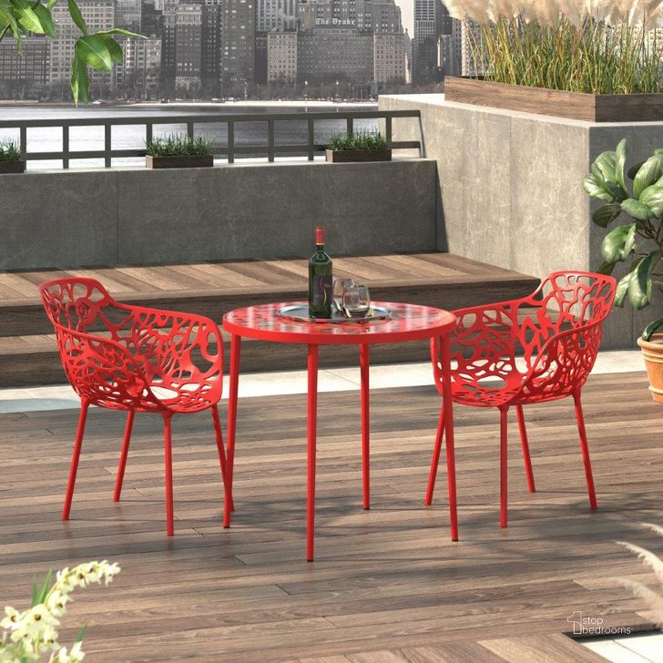 The appearance of Leisuremod Devon Tree Design Glass Top Aluminum Base Indoor Outdoor Bistro Dining Table DT31R designed by LeisureMod in the modern / contemporary interior design. This red piece of furniture  was selected by 1StopBedrooms from Devon Collection to add a touch of cosiness and style into your home. Sku: DT31R. Material: Aluminum. Product Type: Outdoor Table. Size: 31". Image1