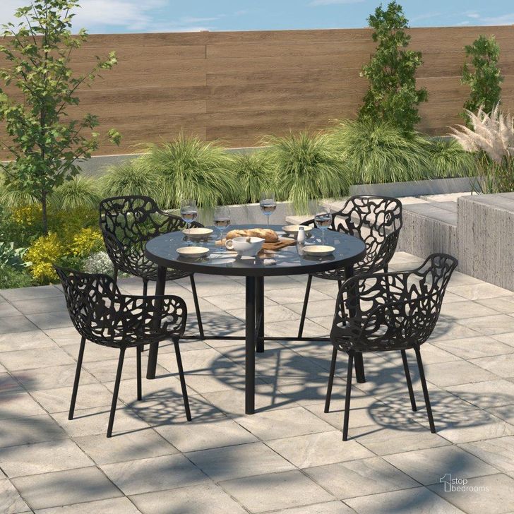 The appearance of Leisuremod Devon Tree Design Glass Top Aluminum Base Indoor Outdoor Dining Table DT48BL designed by LeisureMod in the modern / contemporary interior design. This black piece of furniture  was selected by 1StopBedrooms from Devon Collection to add a touch of cosiness and style into your home. Sku: DT48BL. Material: Aluminum. Product Type: Outdoor Table. Size: 47". Image1