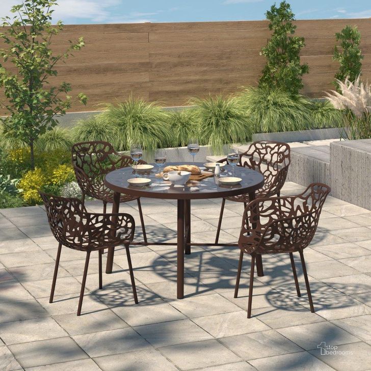 The appearance of Leisuremod Devon Tree Design Glass Top Aluminum Base Indoor Outdoor Dining Table DT48BR designed by LeisureMod in the modern / contemporary interior design. This brown piece of furniture  was selected by 1StopBedrooms from Devon Collection to add a touch of cosiness and style into your home. Sku: DT48BR. Material: Aluminum. Product Type: Outdoor Table. Size: 47". Image1
