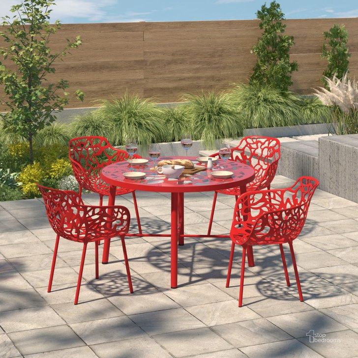 The appearance of Leisuremod Devon Tree Design Glass Top Aluminum Base Indoor Outdoor Dining Table DT48R designed by LeisureMod in the modern / contemporary interior design. This red piece of furniture  was selected by 1StopBedrooms from Devon Collection to add a touch of cosiness and style into your home. Sku: DT48R. Material: Aluminum. Product Type: Outdoor Table. Size: 47". Image1