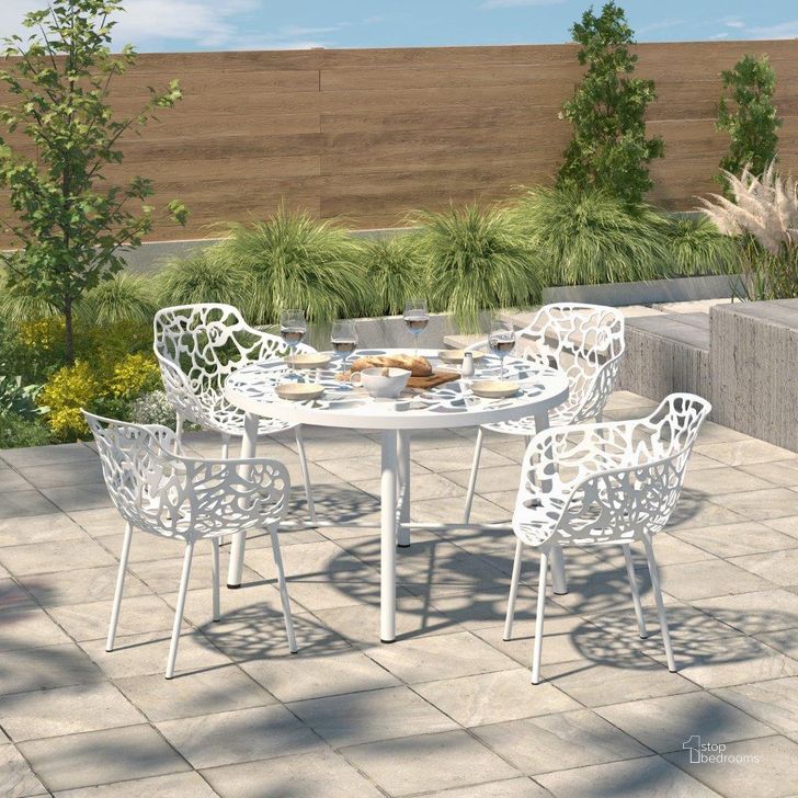 The appearance of Leisuremod Devon Tree Design Glass Top Aluminum Base Indoor Outdoor Dining Table DT48W designed by LeisureMod in the modern / contemporary interior design. This white piece of furniture  was selected by 1StopBedrooms from Devon Collection to add a touch of cosiness and style into your home. Sku: DT48W. Material: Aluminum. Product Type: Outdoor Table. Size: 47". Image1