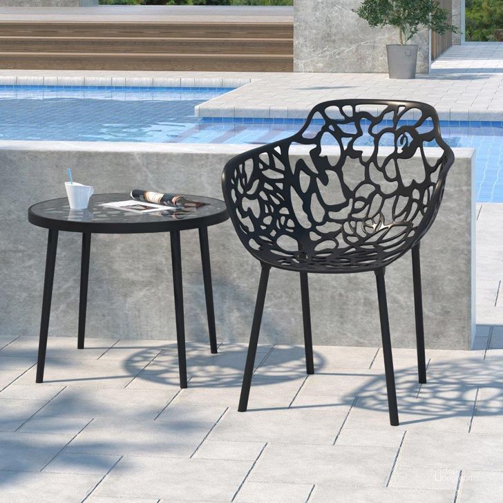 The appearance of Leisuremod Devon Tree Design Glass Top Aluminum Base Indoor Outdoor End Table DT20BL designed by LeisureMod in the modern / contemporary interior design. This black piece of furniture  was selected by 1StopBedrooms from Devon Collection to add a touch of cosiness and style into your home. Sku: DT20BL. Material: Aluminum. Product Type: Outdoor Table. Image1