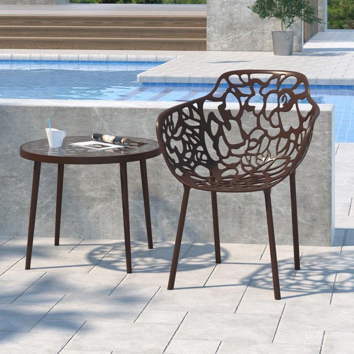 The appearance of Leisuremod Devon Tree Design Glass Top Aluminum Base Indoor Outdoor End Table DT20BR designed by LeisureMod in the modern / contemporary interior design. This brown piece of furniture  was selected by 1StopBedrooms from Devon Collection to add a touch of cosiness and style into your home. Sku: DT20BR. Material: Aluminum. Product Type: Outdoor Table. Image1