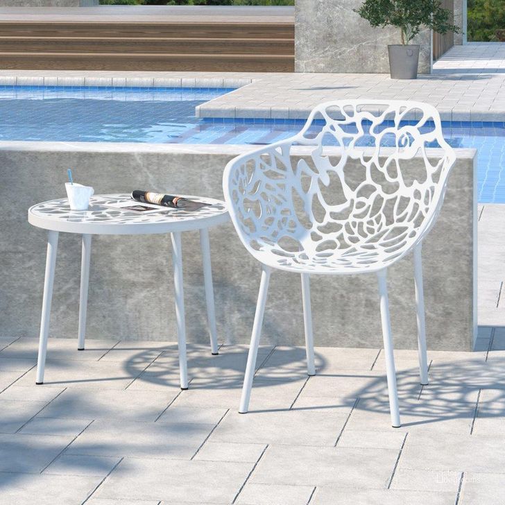 The appearance of Leisuremod Devon Tree Design Glass Top Aluminum Base Indoor Outdoor End Table DT20W designed by LeisureMod in the modern / contemporary interior design. This white piece of furniture  was selected by 1StopBedrooms from Devon Collection to add a touch of cosiness and style into your home. Sku: DT20W. Material: Aluminum. Product Type: Outdoor Table. Image1