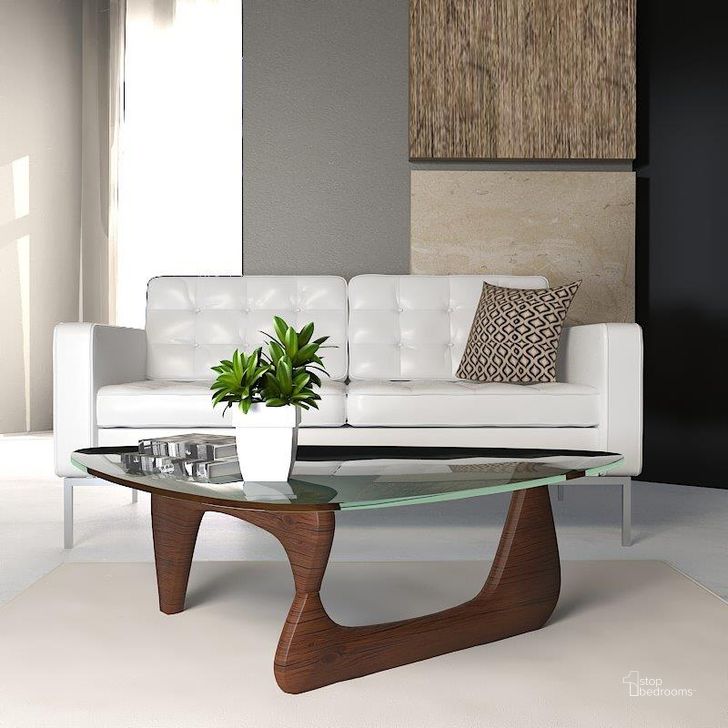 The appearance of LeisureMod Imperial Dark Walnut Triangle Coffee Table designed by LeisureMod in the modern / contemporary interior design. This dark walnut piece of furniture  was selected by 1StopBedrooms from Imperial Collection to add a touch of cosiness and style into your home. Sku: NG52DW. Material: Glass. Product Type: Coffee Table. Image1