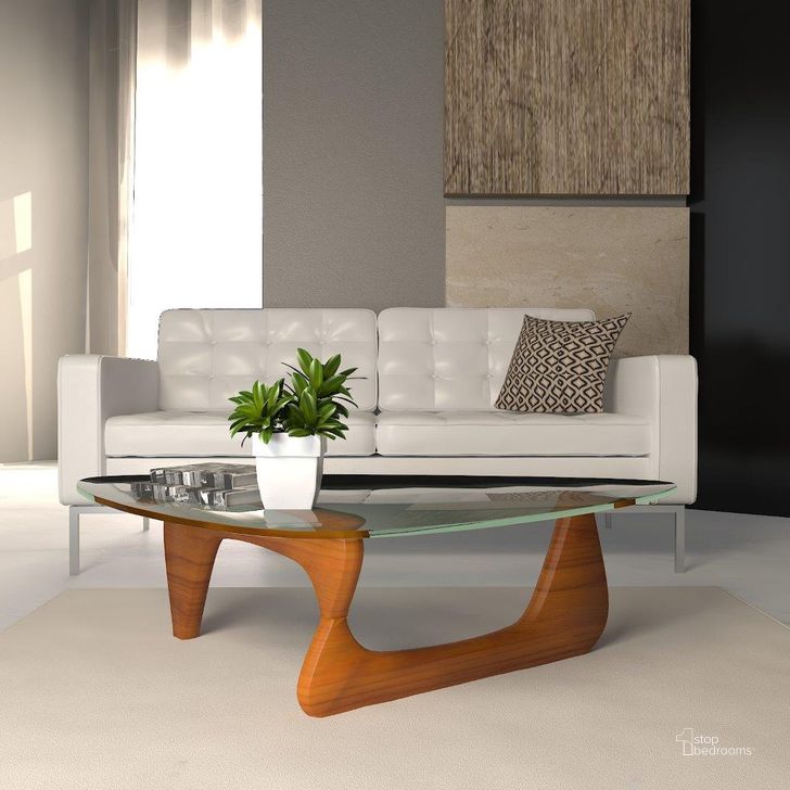 The appearance of LeisureMod Imperial Light Walnut Triangle Coffee Table designed by LeisureMod in the modern / contemporary interior design. This light walnut piece of furniture  was selected by 1StopBedrooms from Imperial Collection to add a touch of cosiness and style into your home. Sku: NG52LW. Material: Glass. Product Type: Coffee Table. Image1