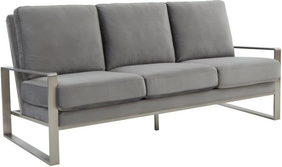 The appearance of Leisuremod Jefferson Contemporary Modern Design Velvet Sofa With Silver Frame In Light Grey designed by LeisureMod in the modern / contemporary interior design. This light grey piece of furniture  was selected by 1StopBedrooms from Jefferson Collection to add a touch of cosiness and style into your home. Sku: JAS77LGR. Product Type: Sofa. Material: Stainless Steel. Image1