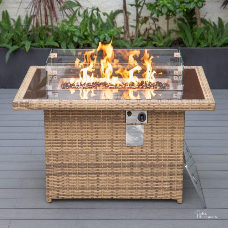 The appearance of Leisuremod Mace Wicker Patio Modern Propane Fire Pit Table In Light Brown designed by LeisureMod in the modern / contemporary interior design. This light brown piece of furniture  was selected by 1StopBedrooms from Mace Collection to add a touch of cosiness and style into your home. Sku: CFW44G-LBR. Product Type: Outdoor Table. Material: Wicker. Image1