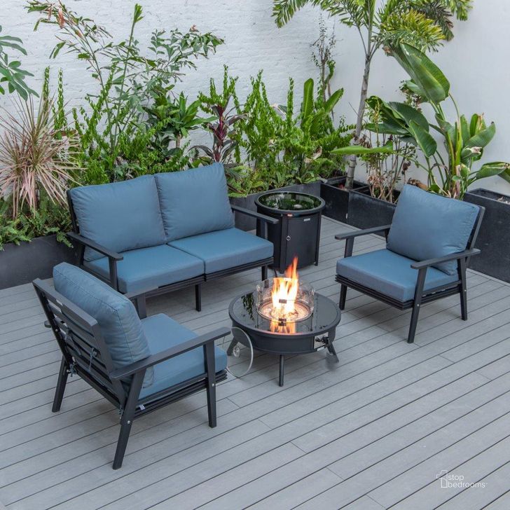 The appearance of Leisuremod Walbrooke Modern Black Patio Conversation With Round Fire Pit And Tank Holder In Navy Blue designed by LeisureMod in the modern / contemporary interior design. This navy blue piece of furniture  was selected by 1StopBedrooms from Walbrooke Collection to add a touch of cosiness and style into your home. Sku: WBL-29-24-57-31-NBU. Material: Aluminum. Product Type: Outdoor Conversation Set. Image1