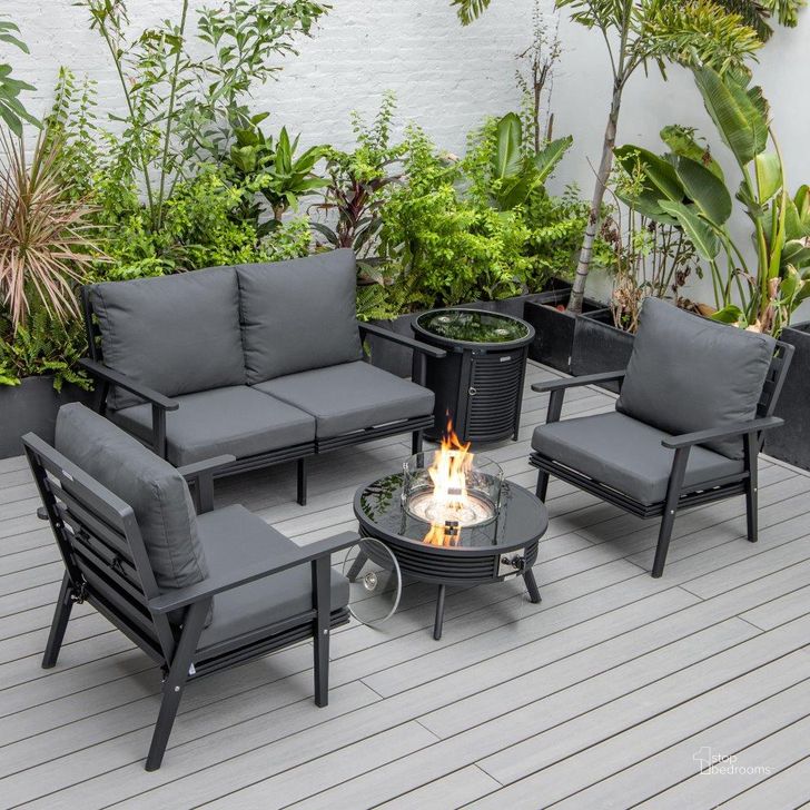The appearance of Leisuremod Walbrooke Modern Black Patio Conversation With Round Fire Pit With Slats Design And Tank Holder In Charcoal designed by LeisureMod in the modern / contemporary interior design. This charcoal piece of furniture  was selected by 1StopBedrooms from Walbrooke Collection to add a touch of cosiness and style into your home. Sku: WBLS-29-24-57-31-CH. Material: Aluminum. Product Type: Outdoor Conversation Set. Image1