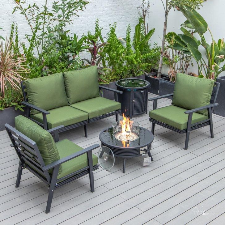 The appearance of Leisuremod Walbrooke Modern Black Patio Conversation With Round Fire Pit With Slats Design And Tank Holder In Green designed by LeisureMod in the modern / contemporary interior design. This green piece of furniture  was selected by 1StopBedrooms from Walbrooke Collection to add a touch of cosiness and style into your home. Sku: WBLS-29-24-57-31-G. Material: Aluminum. Product Type: Outdoor Conversation Set. Image1