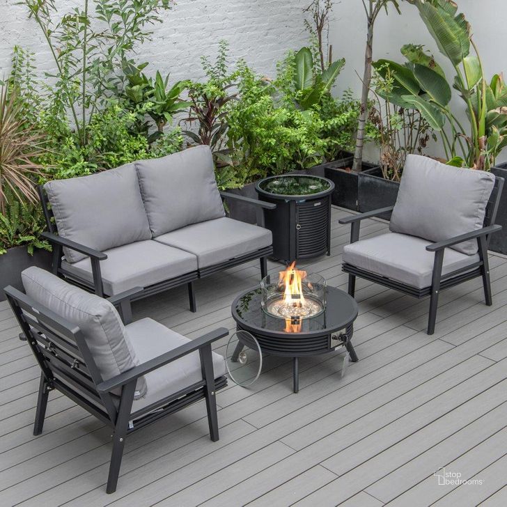 The appearance of Leisuremod Walbrooke Modern Black Patio Conversation With Round Fire Pit With Slats Design And Tank Holder In Grey designed by LeisureMod in the modern / contemporary interior design. This grey piece of furniture  was selected by 1StopBedrooms from Walbrooke Collection to add a touch of cosiness and style into your home. Sku: WBLS-29-24-57-31-GR. Material: Aluminum. Product Type: Outdoor Conversation Set. Image1
