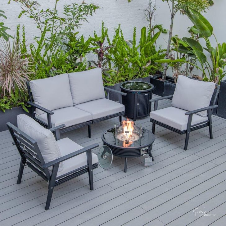 The appearance of Leisuremod Walbrooke Modern Black Patio Conversation With Round Fire Pit With Slats Design And Tank Holder In Light Grey designed by LeisureMod in the modern / contemporary interior design. This light grey piece of furniture  was selected by 1StopBedrooms from Walbrooke Collection to add a touch of cosiness and style into your home. Sku: WBLS-29-24-57-31-LGR. Material: Aluminum. Product Type: Outdoor Conversation Set. Image1