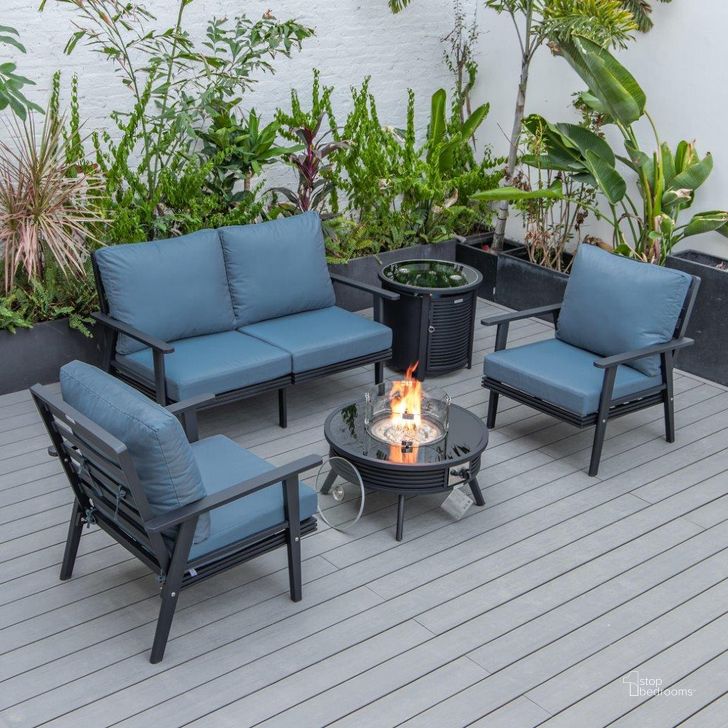 The appearance of Leisuremod Walbrooke Modern Black Patio Conversation With Round Fire Pit With Slats Design And Tank Holder In Navy Blue designed by LeisureMod in the modern / contemporary interior design. This navy blue piece of furniture  was selected by 1StopBedrooms from Walbrooke Collection to add a touch of cosiness and style into your home. Sku: WBLS-29-24-57-31-NBU. Material: Aluminum. Product Type: Outdoor Conversation Set. Image1