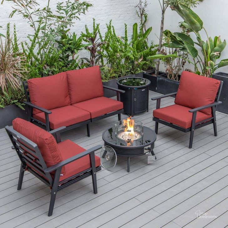The appearance of Leisuremod Walbrooke Modern Black Patio Conversation With Round Fire Pit With Slats Design And Tank Holder In Red designed by LeisureMod in the modern / contemporary interior design. This red piece of furniture  was selected by 1StopBedrooms from Walbrooke Collection to add a touch of cosiness and style into your home. Sku: WBLS-29-24-57-31-R. Material: Aluminum. Product Type: Outdoor Conversation Set. Image1