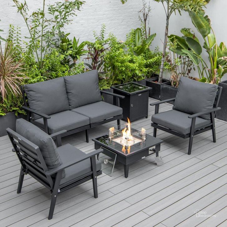 The appearance of Leisuremod Walbrooke Modern Black Patio Conversation With Square Fire Pit And Tank Holder In Charcoal designed by LeisureMod in the modern / contemporary interior design. This charcoal piece of furniture  was selected by 1StopBedrooms from Walbrooke Collection to add a touch of cosiness and style into your home. Sku: WBL-27-20-57-31-CH. Material: Aluminum. Product Type: Outdoor Conversation Set. Image1