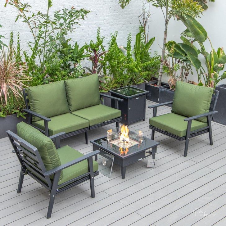The appearance of Leisuremod Walbrooke Modern Black Patio Conversation With Square Fire Pit And Tank Holder In Green designed by LeisureMod in the modern / contemporary interior design. This green piece of furniture  was selected by 1StopBedrooms from Walbrooke Collection to add a touch of cosiness and style into your home. Sku: WBL-27-20-57-31-G. Material: Aluminum. Product Type: Outdoor Conversation Set. Image1