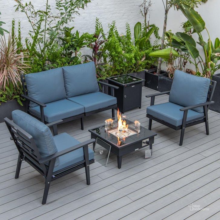 The appearance of Leisuremod Walbrooke Modern Black Patio Conversation With Square Fire Pit And Tank Holder In Navy Blue designed by LeisureMod in the modern / contemporary interior design. This navy blue piece of furniture  was selected by 1StopBedrooms from Walbrooke Collection to add a touch of cosiness and style into your home. Sku: WBL-27-20-57-31-NBU. Material: Aluminum. Product Type: Outdoor Conversation Set. Image1