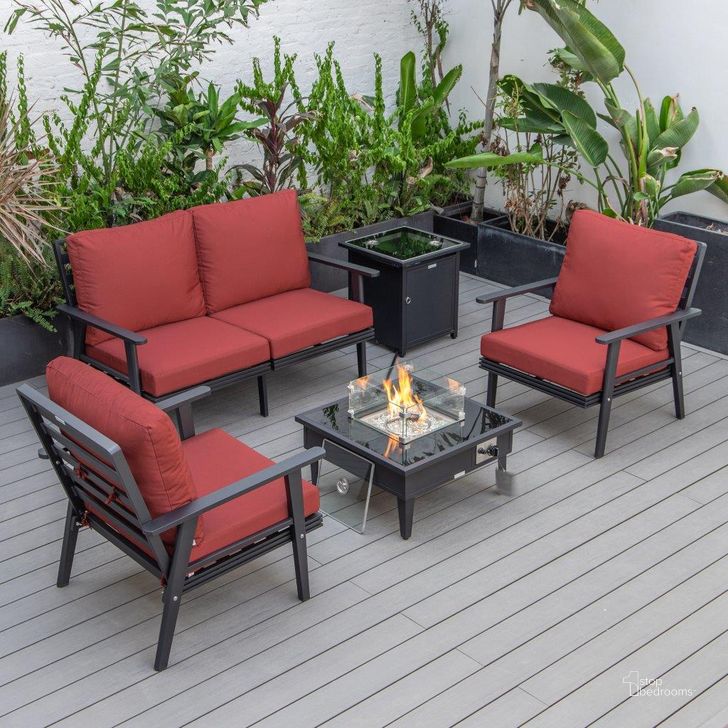 The appearance of Leisuremod Walbrooke Modern Black Patio Conversation With Square Fire Pit And Tank Holder In Red designed by LeisureMod in the modern / contemporary interior design. This red piece of furniture  was selected by 1StopBedrooms from Walbrooke Collection to add a touch of cosiness and style into your home. Sku: WBL-27-20-57-31-R. Material: Aluminum. Product Type: Outdoor Conversation Set. Image1