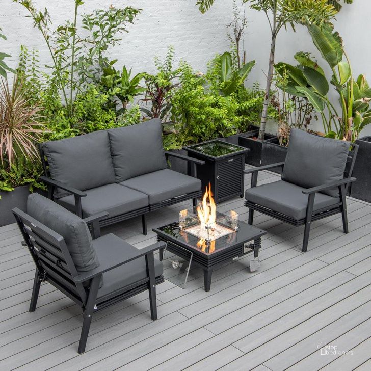 The appearance of Leisuremod Walbrooke Modern Black Patio Conversation With Square Fire Pit With Slats Design And Tank Holder In Charcoal designed by LeisureMod in the modern / contemporary interior design. This charcoal piece of furniture  was selected by 1StopBedrooms from Walbrooke Collection to add a touch of cosiness and style into your home. Sku: WBLS-27-20-57-31-CH. Material: Aluminum. Product Type: Outdoor Conversation Set. Image1