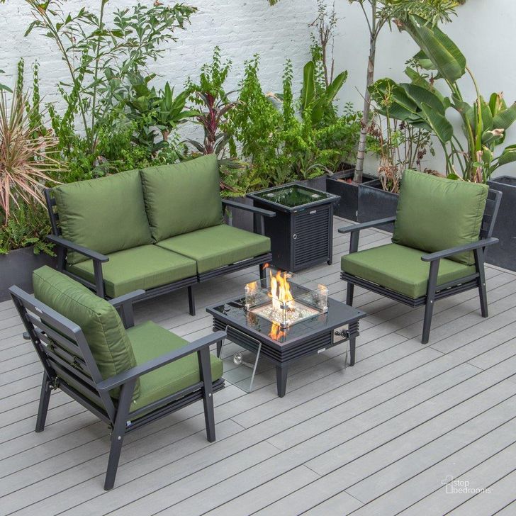 The appearance of Leisuremod Walbrooke Modern Black Patio Conversation With Square Fire Pit With Slats Design And Tank Holder In Green designed by LeisureMod in the modern / contemporary interior design. This green piece of furniture  was selected by 1StopBedrooms from Walbrooke Collection to add a touch of cosiness and style into your home. Sku: WBLS-27-20-57-31-G. Material: Aluminum. Product Type: Outdoor Conversation Set. Image1