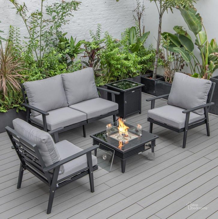 The appearance of Leisuremod Walbrooke Modern Black Patio Conversation With Square Fire Pit With Slats Design And Tank Holder In Grey designed by LeisureMod in the modern / contemporary interior design. This grey piece of furniture  was selected by 1StopBedrooms from Walbrooke Collection to add a touch of cosiness and style into your home. Sku: WBLS-27-20-57-31-GR. Material: Aluminum. Product Type: Outdoor Conversation Set. Image1
