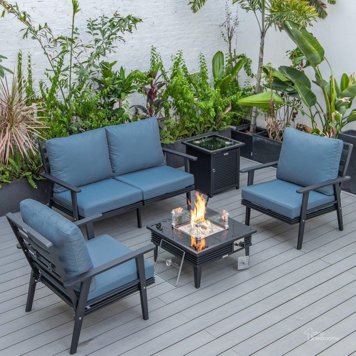 The appearance of Leisuremod Walbrooke Modern Black Patio Conversation With Square Fire Pit With Slats Design And Tank Holder In Navy Blue designed by LeisureMod in the modern / contemporary interior design. This navy blue piece of furniture  was selected by 1StopBedrooms from Walbrooke Collection to add a touch of cosiness and style into your home. Sku: WBLS-27-20-57-31-NBU. Material: Aluminum. Product Type: Outdoor Conversation Set. Image1