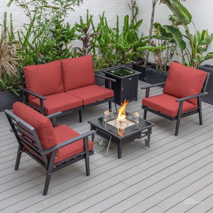 The appearance of Leisuremod Walbrooke Modern Black Patio Conversation With Square Fire Pit With Slats Design And Tank Holder In Red designed by LeisureMod in the modern / contemporary interior design. This red piece of furniture  was selected by 1StopBedrooms from Walbrooke Collection to add a touch of cosiness and style into your home. Sku: WBLS-27-20-57-31-R. Material: Aluminum. Product Type: Outdoor Conversation Set. Image1