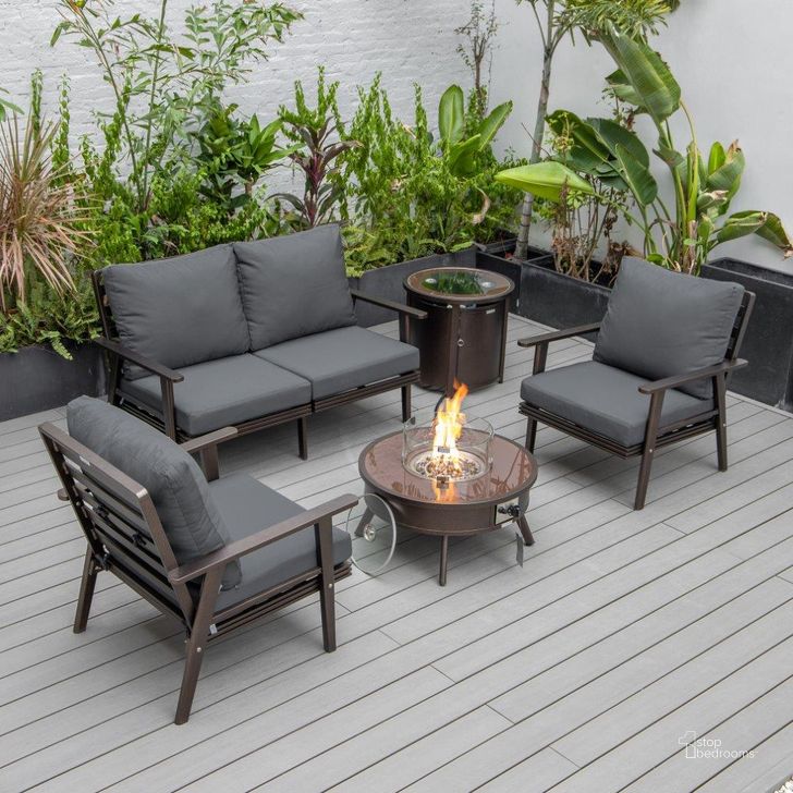 The appearance of Leisuremod Walbrooke Modern Brown Patio Conversation With Round Fire Pit And Tank Holder In Charcoal designed by LeisureMod in the modern / contemporary interior design. This charcoal piece of furniture  was selected by 1StopBedrooms from Walbrooke Collection to add a touch of cosiness and style into your home. Sku: WBR-29-24-57-31-CH. Material: Aluminum. Product Type: Outdoor Conversation Set. Image1