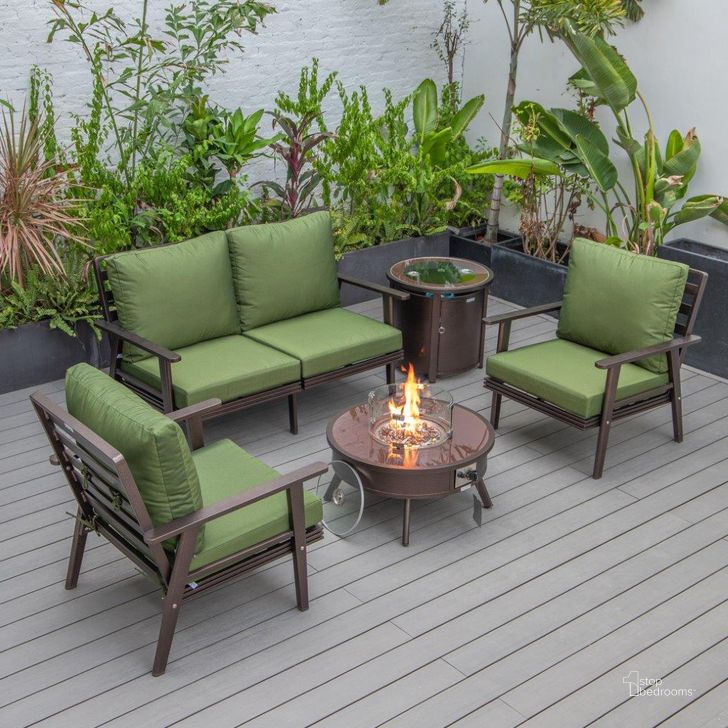 The appearance of Leisuremod Walbrooke Modern Brown Patio Conversation With Round Fire Pit And Tank Holder In Green designed by LeisureMod in the modern / contemporary interior design. This green piece of furniture  was selected by 1StopBedrooms from Walbrooke Collection to add a touch of cosiness and style into your home. Sku: WBR-29-24-57-31-G. Material: Aluminum. Product Type: Outdoor Conversation Set. Image1