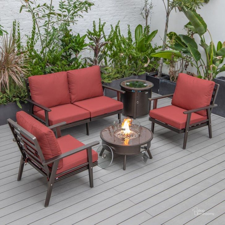 The appearance of Leisuremod Walbrooke Modern Brown Patio Conversation With Round Fire Pit And Tank Holder In Red designed by LeisureMod in the modern / contemporary interior design. This red piece of furniture  was selected by 1StopBedrooms from Walbrooke Collection to add a touch of cosiness and style into your home. Sku: WBR-29-24-57-31-R. Material: Aluminum. Product Type: Outdoor Conversation Set. Image1