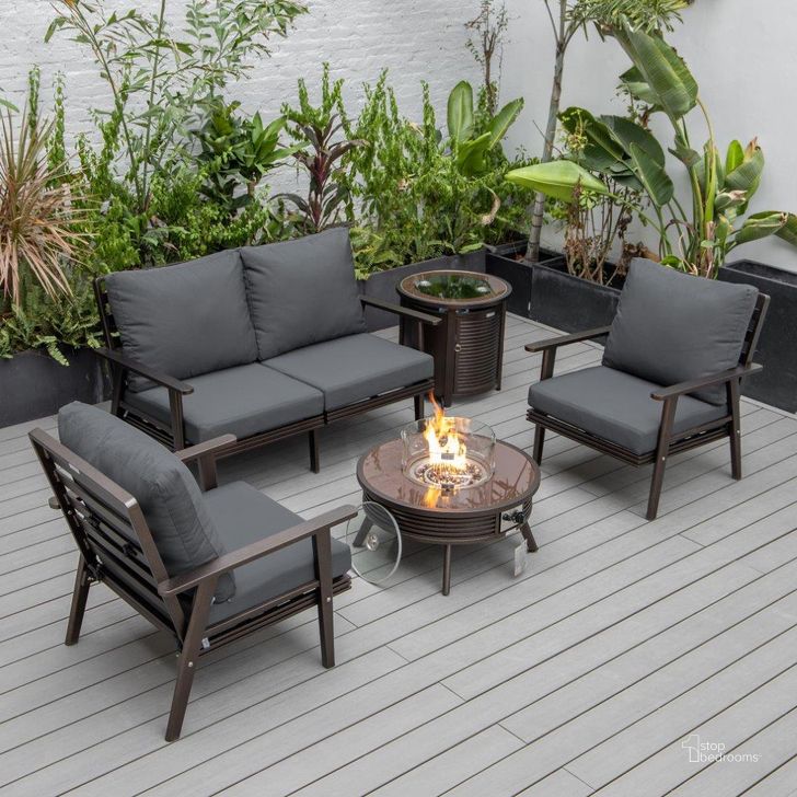 The appearance of Leisuremod Walbrooke Modern Brown Patio Conversation With Round Fire Pit With Slats Design And Tank Holder In Charcoal designed by LeisureMod in the modern / contemporary interior design. This charcoal piece of furniture  was selected by 1StopBedrooms from Walbrooke Collection to add a touch of cosiness and style into your home. Sku: WBRS-29-24-57-31-CH. Material: Aluminum. Product Type: Outdoor Conversation Set. Image1