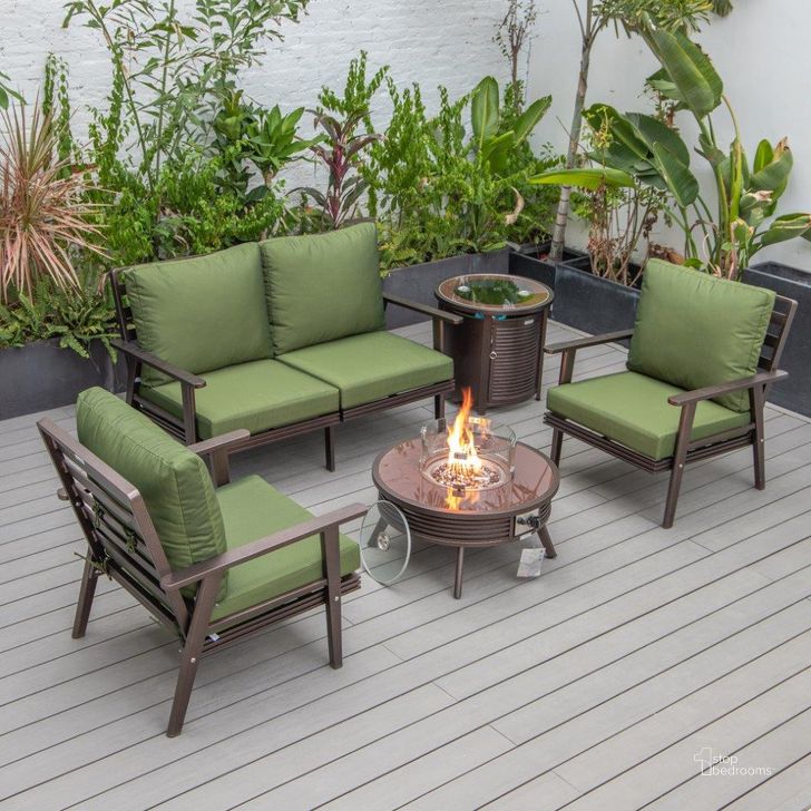 The appearance of Leisuremod Walbrooke Modern Brown Patio Conversation With Round Fire Pit With Slats Design And Tank Holder In Green designed by LeisureMod in the modern / contemporary interior design. This green piece of furniture  was selected by 1StopBedrooms from Walbrooke Collection to add a touch of cosiness and style into your home. Sku: WBRS-29-24-57-31-G. Material: Aluminum. Product Type: Outdoor Conversation Set. Image1