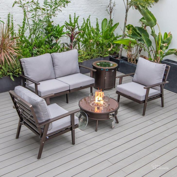 The appearance of Leisuremod Walbrooke Modern Brown Patio Conversation With Round Fire Pit With Slats Design And Tank Holder In Grey designed by LeisureMod in the modern / contemporary interior design. This grey piece of furniture  was selected by 1StopBedrooms from Walbrooke Collection to add a touch of cosiness and style into your home. Sku: WBRS-29-24-57-31-GR. Material: Aluminum. Product Type: Outdoor Conversation Set. Image1