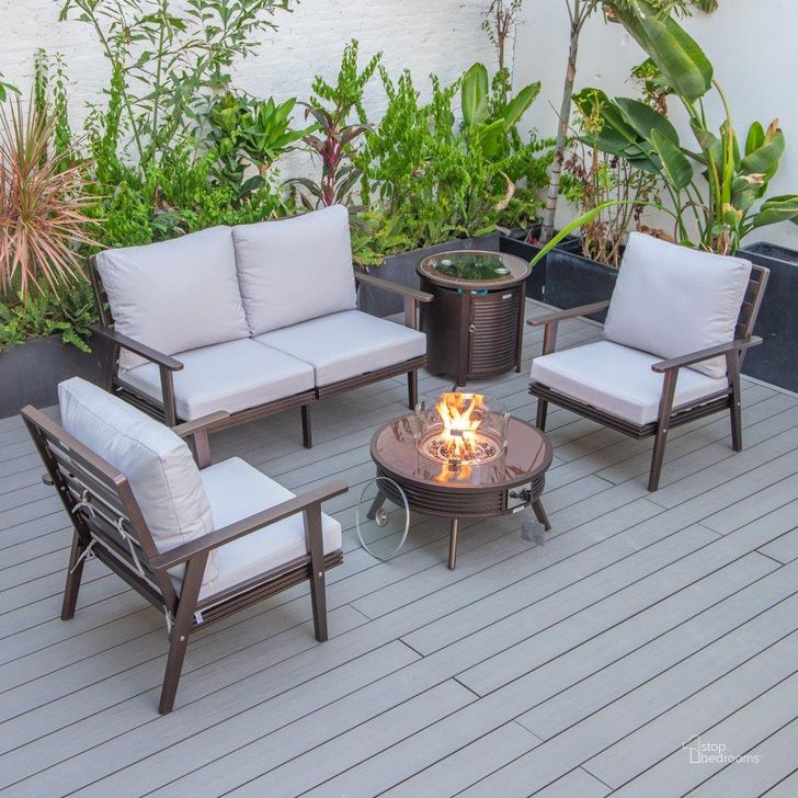 The appearance of Leisuremod Walbrooke Modern Brown Patio Conversation With Round Fire Pit With Slats Design And Tank Holder In Light Grey designed by LeisureMod in the modern / contemporary interior design. This light grey piece of furniture  was selected by 1StopBedrooms from Walbrooke Collection to add a touch of cosiness and style into your home. Sku: WBRS-29-24-57-31-LGR. Material: Aluminum. Product Type: Outdoor Conversation Set. Image1