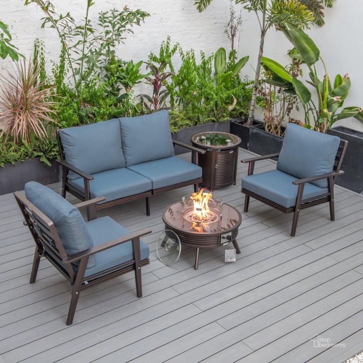 The appearance of Leisuremod Walbrooke Modern Brown Patio Conversation With Round Fire Pit With Slats Design And Tank Holder In Navy Blue designed by LeisureMod in the modern / contemporary interior design. This navy blue piece of furniture  was selected by 1StopBedrooms from Walbrooke Collection to add a touch of cosiness and style into your home. Sku: WBRS-29-24-57-31-NBU. Material: Aluminum. Product Type: Outdoor Conversation Set. Image1