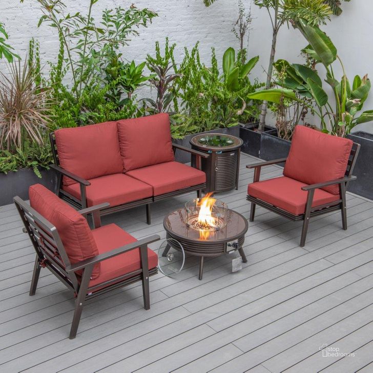 The appearance of Leisuremod Walbrooke Modern Brown Patio Conversation With Round Fire Pit With Slats Design And Tank Holder In Red designed by LeisureMod in the modern / contemporary interior design. This red piece of furniture  was selected by 1StopBedrooms from Walbrooke Collection to add a touch of cosiness and style into your home. Sku: WBRS-29-24-57-31-R. Material: Aluminum. Product Type: Outdoor Conversation Set. Image1