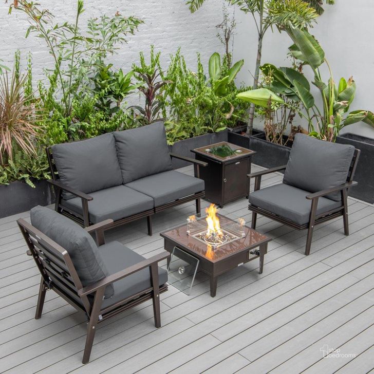 The appearance of Leisuremod Walbrooke Modern Brown Patio Conversation With Square Fire Pit And Tank Holder In Charcoal designed by LeisureMod in the modern / contemporary interior design. This charcoal piece of furniture  was selected by 1StopBedrooms from Walbrooke Collection to add a touch of cosiness and style into your home. Sku: WBR-27-20-57-31-CH. Material: Aluminum. Product Type: Outdoor Conversation Set. Image1