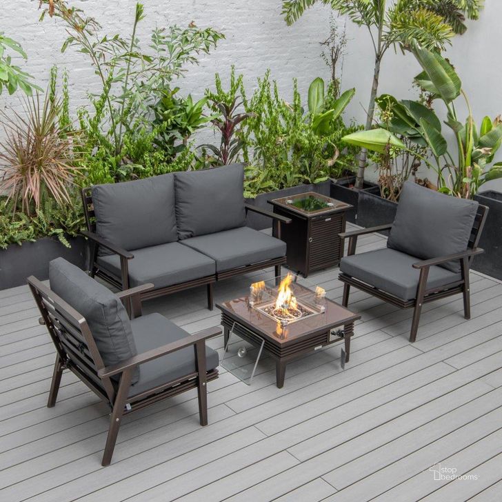 The appearance of Leisuremod Walbrooke Modern Brown Patio Conversation With Square Fire Pit With Slats Design And Tank Holder In Charcoal designed by LeisureMod in the modern / contemporary interior design. This charcoal piece of furniture  was selected by 1StopBedrooms from Walbrooke Collection to add a touch of cosiness and style into your home. Sku: WBRS-27-20-57-31-CH. Material: Aluminum. Product Type: Outdoor Conversation Set. Image1