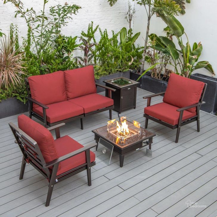 The appearance of Leisuremod Walbrooke Modern Brown Patio Conversation With Square Fire Pit With Slats Design And Tank Holder In Red designed by LeisureMod in the modern / contemporary interior design. This red piece of furniture  was selected by 1StopBedrooms from Walbrooke Collection to add a touch of cosiness and style into your home. Sku: WBRS-27-20-57-31-R. Material: Aluminum. Product Type: Outdoor Conversation Set. Image1