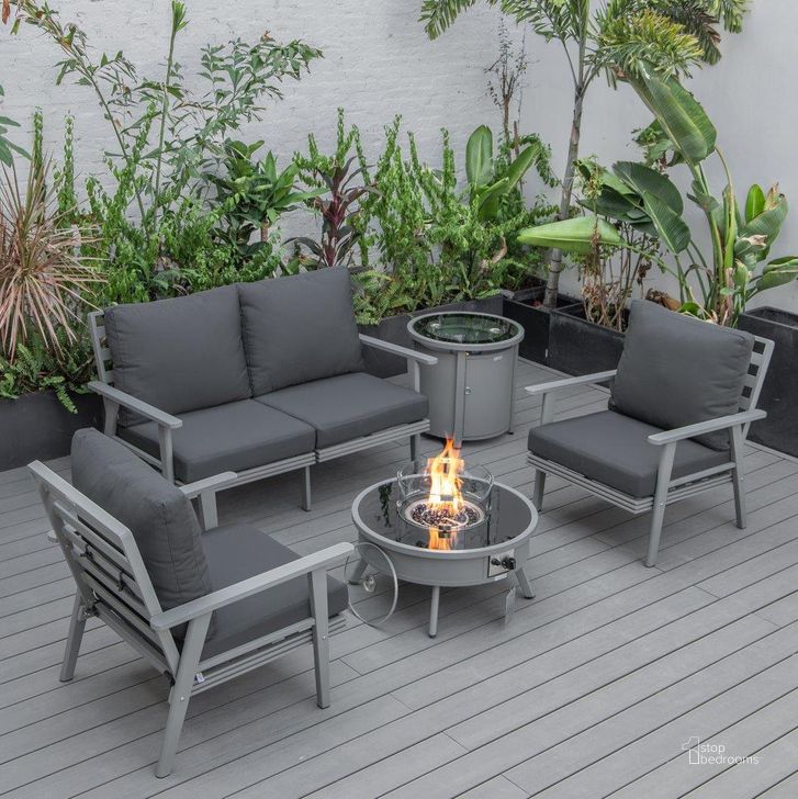 The appearance of Leisuremod Walbrooke Modern Grey Patio Conversation With Round Fire Pit And Tank Holder In Charcoal designed by LeisureMod in the modern / contemporary interior design. This charcoal piece of furniture  was selected by 1StopBedrooms from Walbrooke Collection to add a touch of cosiness and style into your home. Sku: WGR-29-24-57-31-CH. Material: Aluminum. Product Type: Outdoor Conversation Set. Image1
