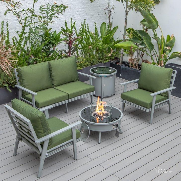 The appearance of Leisuremod Walbrooke Modern Grey Patio Conversation With Round Fire Pit And Tank Holder In Green designed by LeisureMod in the modern / contemporary interior design. This green piece of furniture  was selected by 1StopBedrooms from Walbrooke Collection to add a touch of cosiness and style into your home. Sku: WGR-29-24-57-31-G. Material: Aluminum. Product Type: Outdoor Conversation Set. Image1