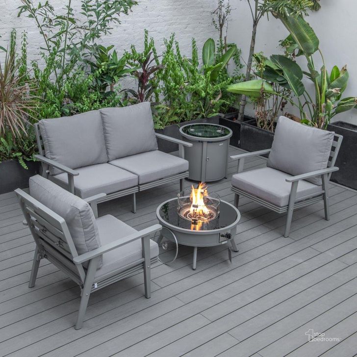 The appearance of Leisuremod Walbrooke Modern Grey Patio Conversation With Round Fire Pit And Tank Holder In Grey designed by LeisureMod in the modern / contemporary interior design. This grey piece of furniture  was selected by 1StopBedrooms from Walbrooke Collection to add a touch of cosiness and style into your home. Sku: WGR-29-24-57-31-GR. Material: Aluminum. Product Type: Outdoor Conversation Set. Image1