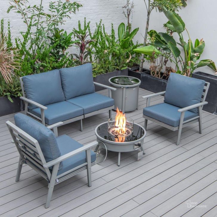 The appearance of Leisuremod Walbrooke Modern Grey Patio Conversation With Round Fire Pit And Tank Holder In Navy Blue designed by LeisureMod in the modern / contemporary interior design. This navy blue piece of furniture  was selected by 1StopBedrooms from Walbrooke Collection to add a touch of cosiness and style into your home. Sku: WGR-29-24-57-31-NBU. Material: Aluminum. Product Type: Outdoor Conversation Set. Image1