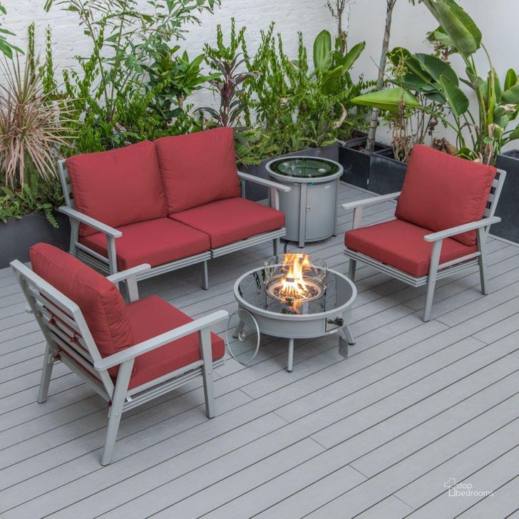 The appearance of Leisuremod Walbrooke Modern Grey Patio Conversation With Round Fire Pit And Tank Holder In Red designed by LeisureMod in the modern / contemporary interior design. This red piece of furniture  was selected by 1StopBedrooms from Walbrooke Collection to add a touch of cosiness and style into your home. Sku: WGR-29-24-57-31-R. Material: Aluminum. Product Type: Outdoor Conversation Set. Image1