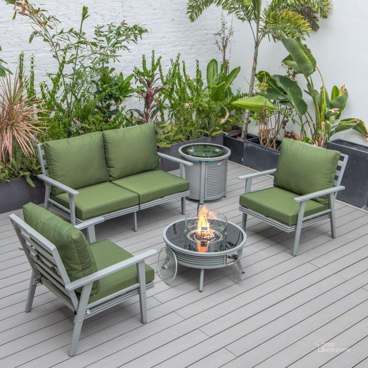 The appearance of Leisuremod Walbrooke Modern Grey Patio Conversation With Round Fire Pit With Slats Design And Tank Holder In Green designed by LeisureMod in the modern / contemporary interior design. This green piece of furniture  was selected by 1StopBedrooms from Walbrooke Collection to add a touch of cosiness and style into your home. Sku: WGRS-29-24-57-31-G. Material: Aluminum. Product Type: Outdoor Conversation Set. Image1