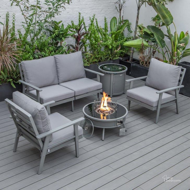 The appearance of Leisuremod Walbrooke Modern Grey Patio Conversation With Round Fire Pit With Slats Design And Tank Holder In Grey designed by LeisureMod in the modern / contemporary interior design. This grey piece of furniture  was selected by 1StopBedrooms from Walbrooke Collection to add a touch of cosiness and style into your home. Sku: WGRS-29-24-57-31-GR. Material: Aluminum. Product Type: Outdoor Conversation Set. Image1