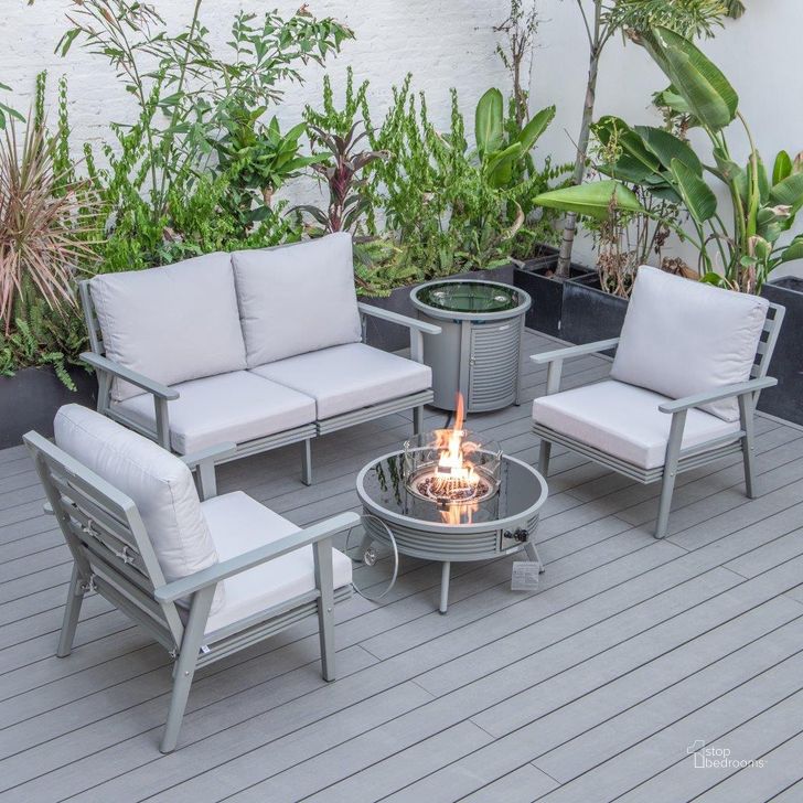 The appearance of Leisuremod Walbrooke Modern Grey Patio Conversation With Round Fire Pit With Slats Design And Tank Holder In Light Grey designed by LeisureMod in the modern / contemporary interior design. This light grey piece of furniture  was selected by 1StopBedrooms from Walbrooke Collection to add a touch of cosiness and style into your home. Sku: WGRS-29-24-57-31-LGR. Material: Aluminum. Product Type: Outdoor Conversation Set. Image1