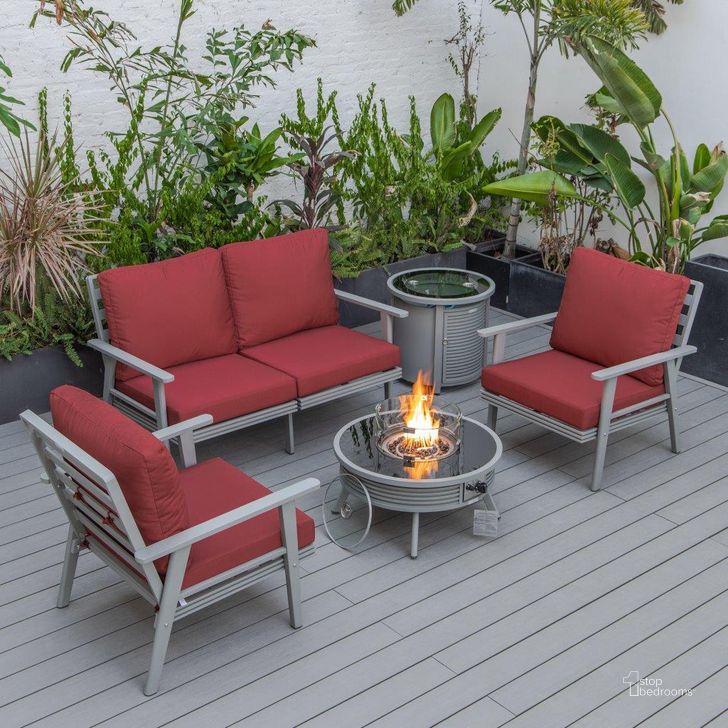 The appearance of Leisuremod Walbrooke Modern Grey Patio Conversation With Round Fire Pit With Slats Design And Tank Holder In Red designed by LeisureMod in the modern / contemporary interior design. This red piece of furniture  was selected by 1StopBedrooms from Walbrooke Collection to add a touch of cosiness and style into your home. Sku: WGRS-29-24-57-31-R. Material: Aluminum. Product Type: Outdoor Conversation Set. Image1