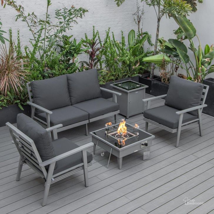 The appearance of Leisuremod Walbrooke Modern Grey Patio Conversation With Square Fire Pit And Tank Holder In Charcoal designed by LeisureMod in the modern / contemporary interior design. This charcoal piece of furniture  was selected by 1StopBedrooms from Walbrooke Collection to add a touch of cosiness and style into your home. Sku: WGR-27-20-57-31-CH. Material: Aluminum. Product Type: Outdoor Conversation Set. Image1